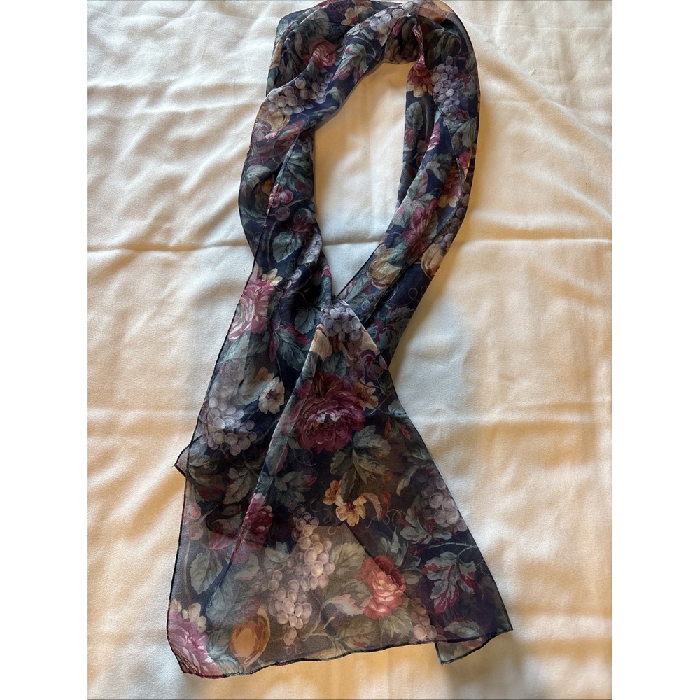 Vintage Floral Rectangle Neck Scarf Navy Chiffon Polyester Made in USA 49x12